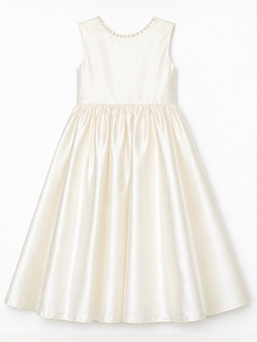 Ivory/Off White Satin Flower Girl Dress Pearl Trim Bow Back V Neck Size 8 - Picture 3 of 16